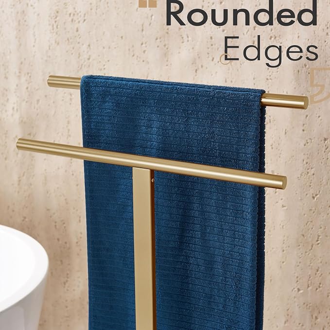 KOKOSIRI Standing Towel Rack for Bathroom Floor 2-Tier Towel Holder Free Stand with Heavy Marble Base Thicken Steady Champagne Bronze Stainless Steel THS0005-CPG