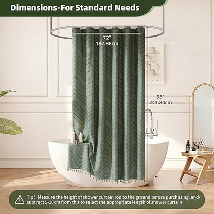 Extra Long Sage Green Boho Shower Curtain with Tassel, Woven Fabric 96 in Shower Curtain, Tufted Chevron Striped, 72 x 96, Modern Chic Textured Minimalist Bathroom Shower