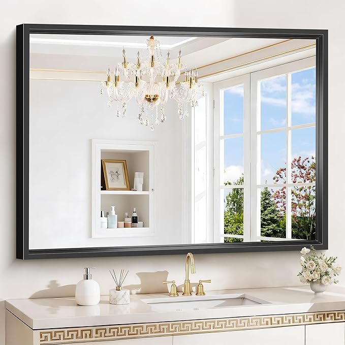 Black Rectangle Mirror, 48 x 36 Inch Large Bathroom Mirrors for Over Sink, 0.6" Thickened Deep Frame Rectangular Wall Mirror, Brushed, Tempered Glass, Antirust, Horizontally/Vertically