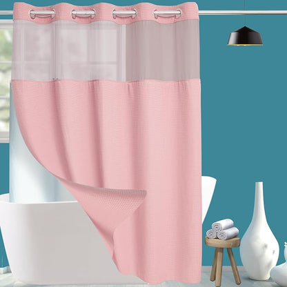 Conbo Mio Extra Long No Hook Waffle Weave Shower Curtain with Snap in Liner Set, Hotel Luxury Pink Shower Curtains for Bathroom with See Through Top Window, Waterproof, Washable 71W x 84H