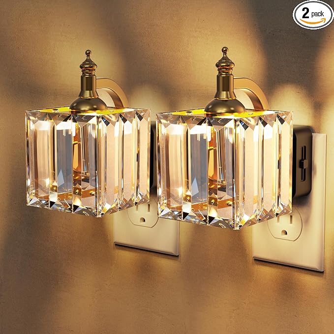 L LOHAS LED Night Light, 2 Pack Night Lights Plug into Wall | 3000K Soft White LED, Crystal Night Lights, Dusk to Dawn Sensor, 0-100lm Adjustable Brightness, for Hallway Bedroom Stairway