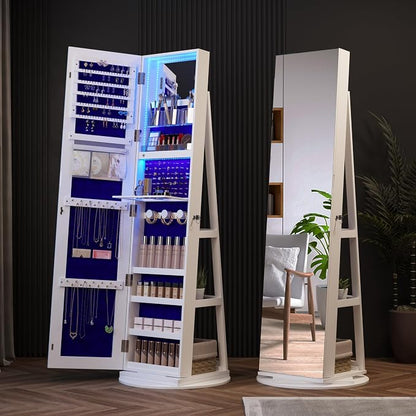 360° Swivel Jewelry Cabinet Organizer with Lights, Full Length Mirror with Jewelry Storage, Lockable Standing Jewelry Armoire Organizer, Mirror Jewelry Cabinet with Inside Makeup Mirror (White)