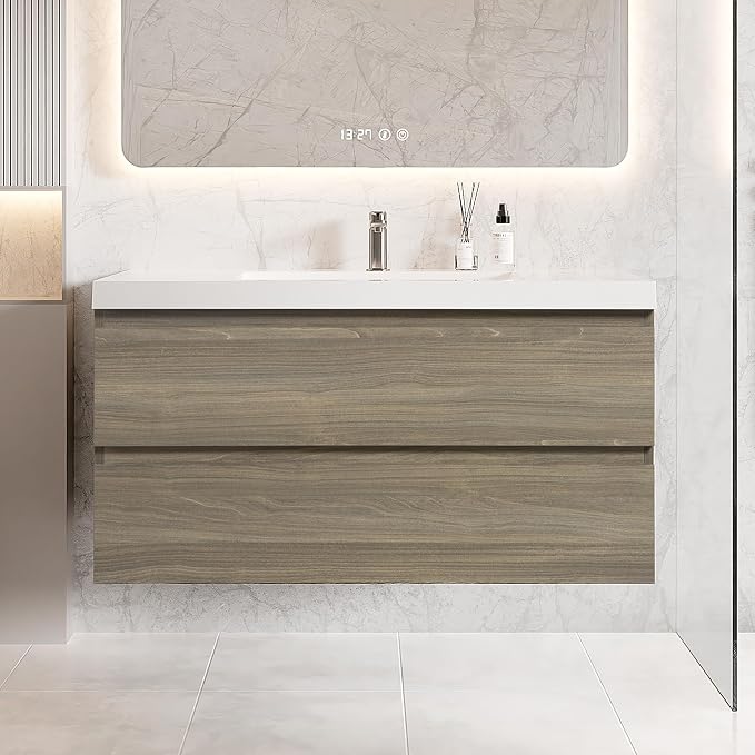 42 Inch Floating Bathroom Vanity with Sink, Large Storage Wall Mounted Floating Vanity with Soft Close Drawers, One-Piece Basin Bathroom Sink Cabinet (Ash Grey, 42 Inch)