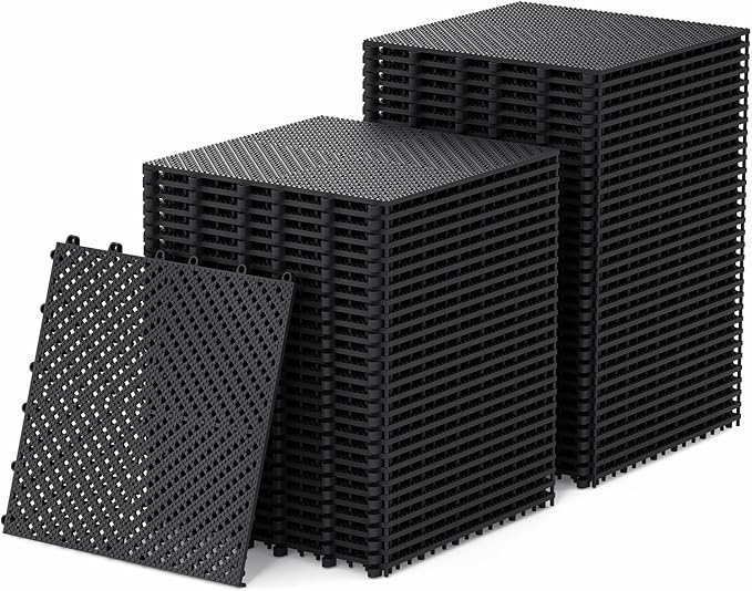 60-Pcs Interlocking Tile, Indoor/Outdoor Drainage Interlocking Floor Tiles 11.8" x 11.8", Anti-Slip Waterproof Soft PVC Splicing Flooring Tile for Garage Patio Pool Bathroom, Black