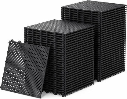 60-Pcs Interlocking Tile, Indoor/Outdoor Drainage Interlocking Floor Tiles 11.8" x 11.8", Anti-Slip Waterproof Soft PVC Splicing Flooring Tile for Garage Patio Pool Bathroom, Black