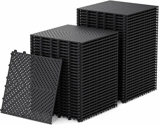 60-Pcs Interlocking Tile, Indoor/Outdoor Drainage Interlocking Floor Tiles 11.8" x 11.8", Anti-Slip Waterproof Soft PVC Splicing Flooring Tile for Garage Patio Pool Bathroom, Black