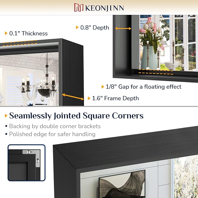 Keonjinn 42x36 Inch Matte Black Bathroom Mirror for Over Sink, Rectangular | HD Tempered Glass, Vanity Mirror, Brushed Framed, Square Corner, Modern Farmhouse, Wall Mounted Mirrors, Aluminum Alloy