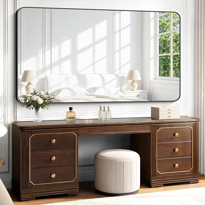 BONEWEI 72x40 inch Large Bathroom Mirror,Black Rectangle Mirror,Wall Mounted Bathroom Frame Vanity Mirror with Round Corner for Bedroom Living Room, Entryway Hangs Horizontal or Vertical