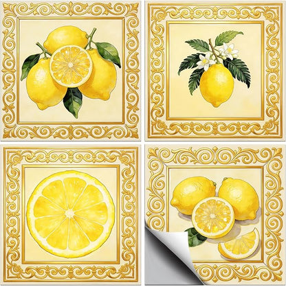 36 Pcs 4 Styles Retro Lemon Patten Tile Sticker Lemon Blossom Patten Wall Tile Stickers Waterproof Self Adhesive Stick on Decals for Kitchen Bathroom Wall Art 4×4 Inch