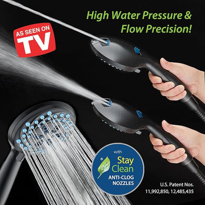 AquaCare New 8-mode High Pressure Handheld Shower Head w/ 2-way Power Wash | Stay Clean Nozzles, Dual Power Wash for Tub, Tile & Pets, Long 6 ft. Stainless Steel Hose, Wall & Overhead Brackets / Black