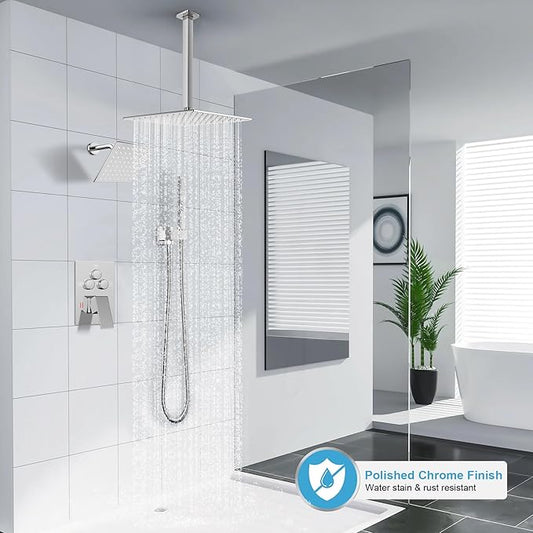 Shower Faucet Set Polished Chrome Shower System, Ceiling Mount 10 Inch Shower Head With Wall Mount 6 Inch Shower Head and 2 in 1 Handheld Spray, Push Button Diverter Shower Valve Trim Kit