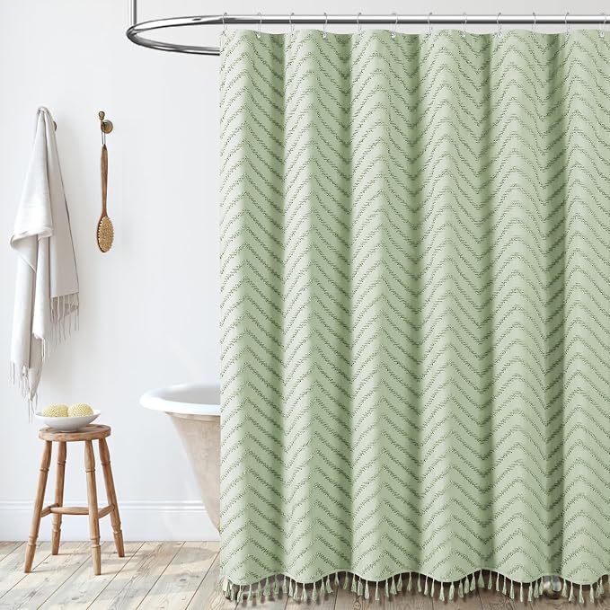 Stall Boho Shower Curtain Tufted Chevron 36"x72" Sage Green | Narrow Half Size, Elegant Tassel, Lightweight Textured Fabric, Water Repellent, Washable, for Small Bathroom/Dorm 6 Hooks