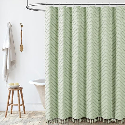 Stall Boho Shower Curtain Tufted Chevron 36"x72" Sage Green | Narrow Half Size, Elegant Tassel, Lightweight Textured Fabric, Water Repellent, Washable, for Small Bathroom/Dorm 6 Hooks