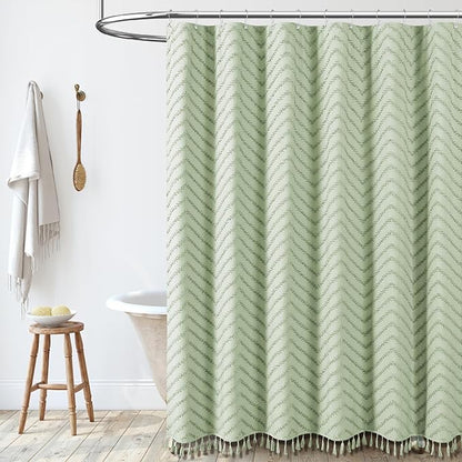 Dynamene Stall Fabric Shower Curtain, 60x72 inch Narrow Boho Tufted Chevron Striped Cloth Bathroom Shower Curtain, Weighted Neutral Waterproof Shower Curtain Set, 10 Hooks, Wrinkle Free, Sage Green