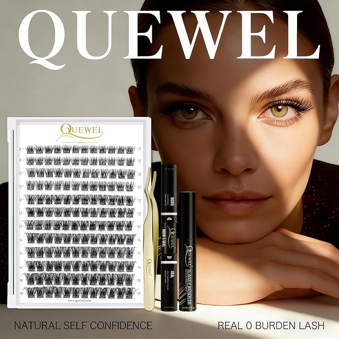 QUEWEL DIY Eyelash Extensions Kit, Lash Clusters 144 Pcs, Clusters Eyelash | Applicator Tool, Super Hold Cluster Lashes Bond and Seal, Clusters Lash Glue Remover Easy to Apply at Home(S012-Kit)