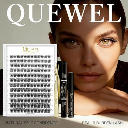 QUEWEL DIY Eyelash Extensions Kit, Lash Clusters 144 Pcs, Clusters Eyelash | Applicator Tool, Super Hold Cluster Lashes Bond and Seal, Clusters Lash Glue Remover Easy to Apply at Home(S012-Kit)