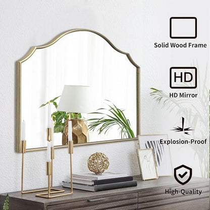 Besdomus Gold Wooden Vanity Mirror: 32"x24" Bathroom Mirrors for Over Sink | Scalloped Modern Minimalist Decorative Wall Mirror for Dresser/Mantel/Bedroom/Entryway/Fireplace/Nightstand/Dining Room