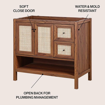 JONATHAN Y Jasper 36" Rattan Freestanding Vanity Cabinet Only, Walnut | 18" Depth 33" Height, 2-Shelf Storage, Soft-Close Door, Matte Black Hardware, Modern Minimalist Bathroom, MDF Wood Grain