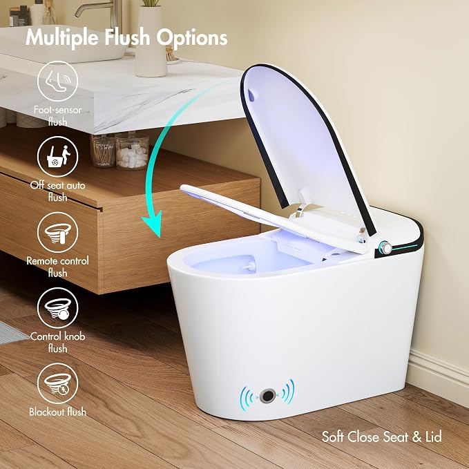 One Piece Smart Bidet Toilet, Auto Lid, Wash & Dry, White Black | Foot Sensor Flush, Heated Seat, Instant Warm Water, Adjustable Wash Settings, Self Cleaning Wand, Auto Flush, Pre Wet
