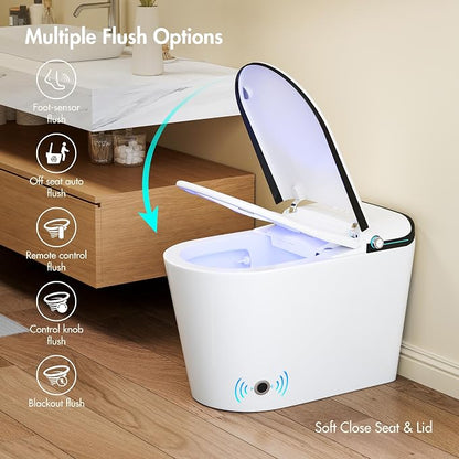 One Piece Smart Bidet Toilet, Auto Lid, Wash & Dry, White Black | Foot Sensor Flush, Heated Seat, Instant Warm Water, Adjustable Wash Settings, Self Cleaning Wand, Auto Flush, Pre Wet
