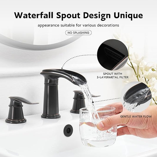 BWE Waterfall Bathroom Faucet, Oil Rubbed Bronze 8 Inch Widespread Bathroom Sink Faucet Two-Handle Waterfall with Pop-up Drain, for Vanity, Lavatory Sink