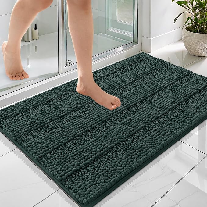 OLANLY Thick Bathroom Rugs 36x24, Soft Chenille Bath Rugs, Blackish Green | Rubber Backing, Machine Wash, Extra Absorbent Striped Bath Mats for Bathroom Floor, Tub and Shower, Home Decor Accessories
