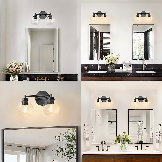Bathroom Light Fixtures, Vanity Lights for Bathroom 2-Light Black, Bathroom Lighting Fixtures Over Mirror with Clear Glass Globe Shade, Bathroom Vanity Light for Living Room Kitchen Bedroom Hallway