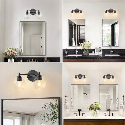 Bathroom Light Fixtures, Vanity Lights for Bathroom 2-Light Black, Bathroom Lighting Fixtures Over Mirror with Clear Glass Globe Shade, Bathroom Vanity Light for Living Room Kitchen Bedroom Hallway