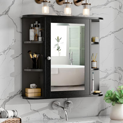 Bathroom Mirror Cabinet Wall Mounted, Bathroom Medicine Cabinet with Mirror and 6 Open Shelves, Modern Wall Cabinet, Black