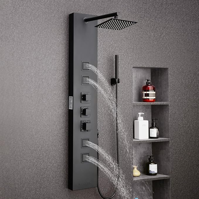 VEVOR Shower Panel Tower System with Rainfall Shower Head, 49 in Brushed Stainless Steel Shower Column, 4-Function Faucet, Wall-Mount Rain Massage System, with 4 Body Jets, Handheld, and Tub Spout