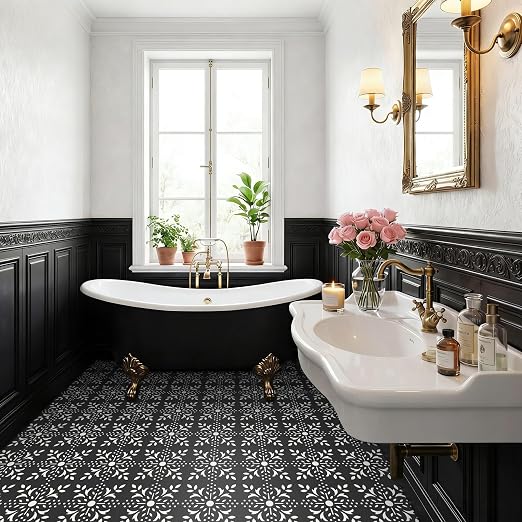 MORCART 20 Pcs Peel and Stick Floor Tile, 7.87"x 7.87" Vinyl Flooring Waterproof, DIY Flooring for Bathroom, Kitchen, Fireplace, Stairs, Bedrooms, Wall, Pantry Room Black White