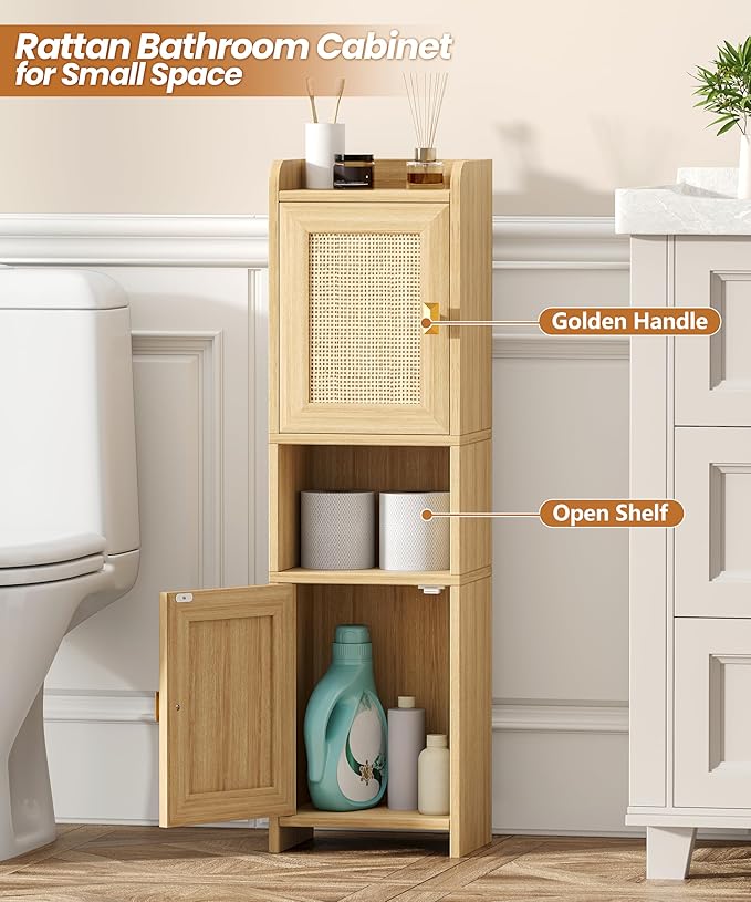 Rattan Small Bathroom Cabinet with 2 Doors, 7.9''D x 9.8''W x 34.8" H Narrow Floor Cabinet with Adjustable Shelf, Bathroom Organizer for Small Spaces, Wooden Corner Unit, Natural Oak