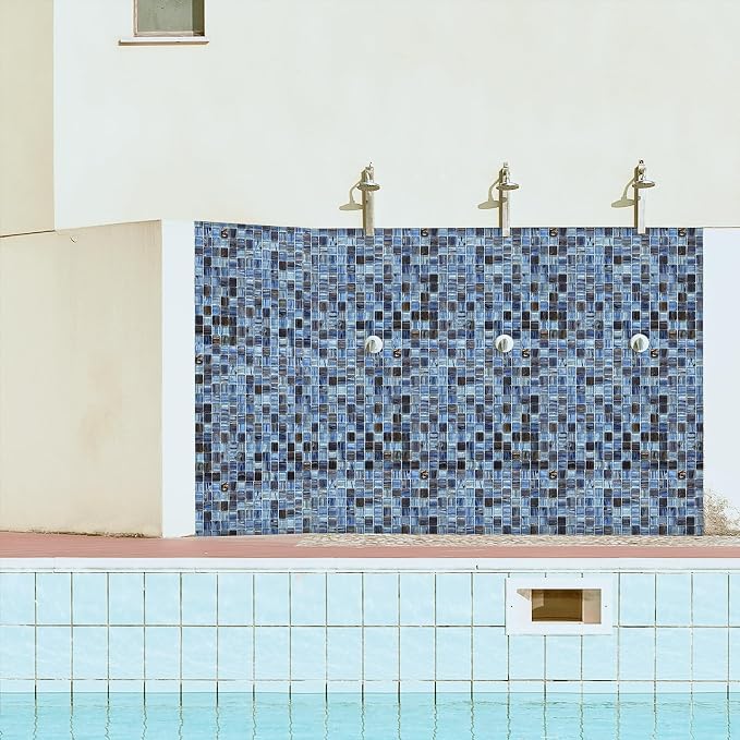 Mesh-Mounted Glass Mosaic Tile Backsplash, 12” x 12” Mixed Blue Wall Glass Backsplash Tile for Kitchen Bathroom Swimming Pool (8 Sheets, 8 sq.ft)