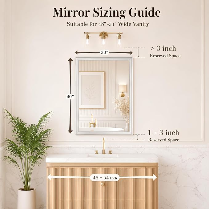 Brushed Nickel Bathroom Mirrors for Over Sink 30x40 Inch | Curved Aluminum Frame Rectangle Vanity Mirror for Bedroom Living Room Entryway, HD Tempered Glass, Anti-Rust