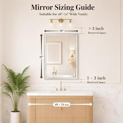 Brushed Nickel Bathroom Mirrors for Over Sink 30x40 Inch | Curved Aluminum Frame Rectangle Vanity Mirror for Bedroom Living Room Entryway, HD Tempered Glass, Anti-Rust