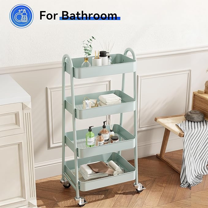OLIXIS Metal 4 Tiers Utility Rolling Cart, Mobile Storage Shelf with Lockable Caster Wheels, Organization for Livingroom, Bathroom, Kitchen, & Narrow Places, 4-Tier Green