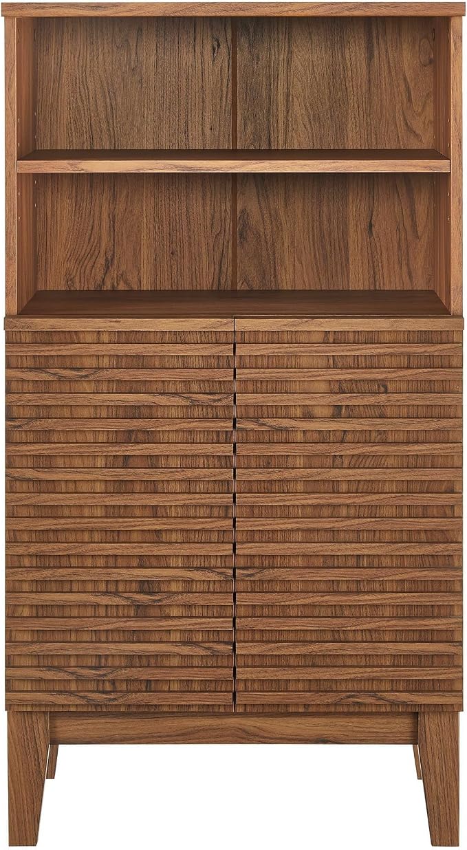 Modway Render Freestanding Bathroom Storage Cabinet in Walnut - 43 Inch Linen or Towel Cabinet with Slatted Doors