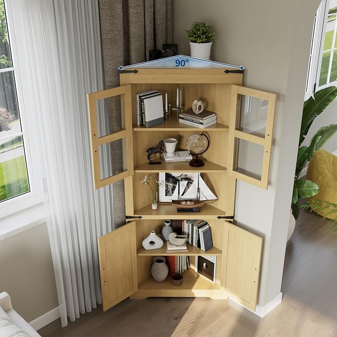 GarveeHome 67" Tall Corner Storage Cabinet, Farmhouse Corner Hutch Display Cabinet with Glass Doors, Wooden Storage Organizer for Kitchen, Living Room, Bathroom, Natural