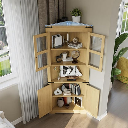 GarveeHome 67" Tall Corner Storage Cabinet, Farmhouse Corner Hutch Display Cabinet with Glass Doors, Wooden Storage Organizer for Kitchen, Living Room, Bathroom, Natural