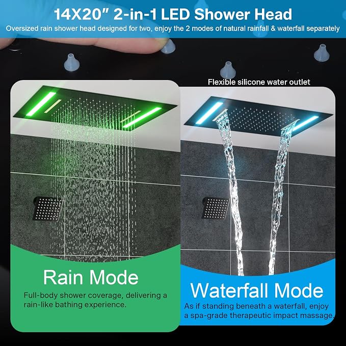 ENGA Dual Rain Shower Head System, 2 In 1 Functions Ceiling Mount 14x20inch LED Shower Head with 6 Inch Shower Head, Rainfall Waterfall Shower Faucet Set, Matte Black