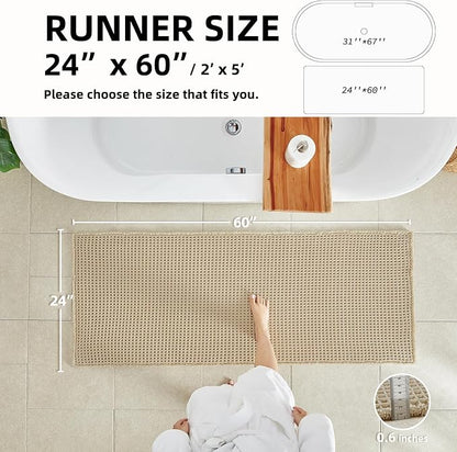 TYUU Waffle Runner Rug Bathroom, Long Boho Bath Mat, 60x24 Pale Beige | Super Absorbent Quick Dry Bath Rug, Non-Slip Backing, Soft Waffle Washable Farmhouse Bathroom Mats, Tub, Shower & Home Decor