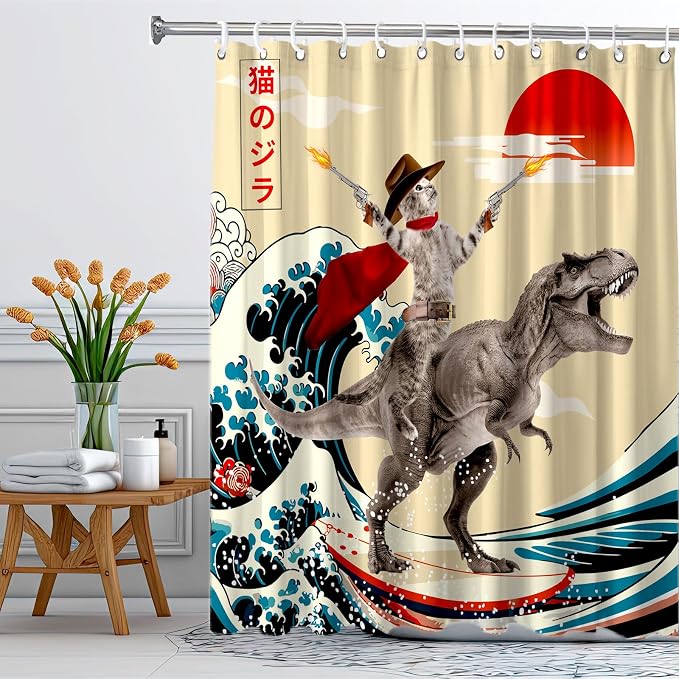 Funny Cute Cat Shower Curtain, Japan Cat Dinosaur Surfing Ocean Sea Wave Fabric Shower Curtains Set, Japanese Art Shower Curtains with Hooks, Kids Bathroom Decor 72x72inch