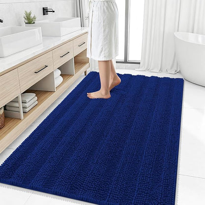 Smiry Thick Chenille Large Bathroom Runner Rugs 50x30, Soft Bath Mat, Navy | Quick‑Dry & Machine Washable, Non‑Slip Bath Carpet, Striped Bath Rugs for Tub & Shower, Modern Home Decor Accessories