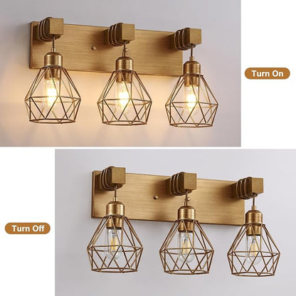 maesta 3 Light Bathroom Vanity Light, Farmhouse Gold Fixture Over Mirror | Farmhouse Bathroom Light Fixtures, Wood & Metal, Anti-Rust, Easy to Install for Rustic Bathroom Hallway