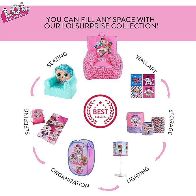 LOL Surprise Pop Up Laundry Hamper,Pink Kids Clothes Storage with Durable Carry Handles, 21" H x 13.5" W x 13.5" L