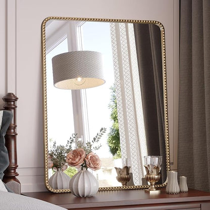28"x36" Champagne Bronze Mirrors for Bathroom, Brass Vintage Bathroom Wall Mirror with Beaded Frame, Gold Beaded Mirror for Vanity Ornate Bedroom, Tempered Glass