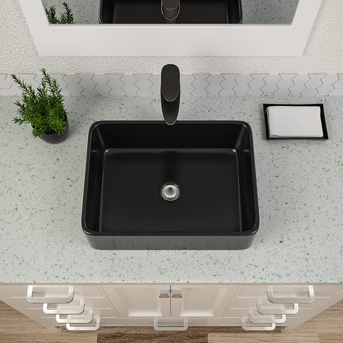 Black Vessel Sink Rectangle, Dcolora 19"x15" Matte Black Bathroom Vessel Sink Rectangular Above Counter Ceramic Porcelain Lavatory Vanity Sink Bowl Basin