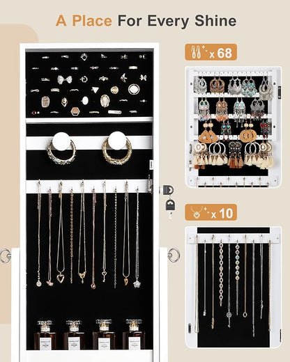 Nicetree Freestanding Jewelry Cabinet, Full Length Mirror, Moon White | Jewelry Armoire Organizer, Lockable Jewelry Storage Cabinet, Frameless Mirror, 3 Adjustable Angles,Gift Idea,Quick Assembly