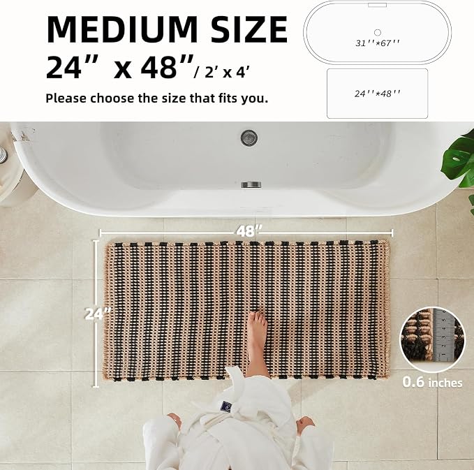 TYUU Waffle Bath Mat, Boho Bathroom Rugs Non Slip, 48x24 Black & Khaki | Super Absorbent Quick Dry Bath Rug, Non-Slip Backing, Soft Waffle Washable Farmhouse Bathroom Mats, Tub, Shower & Home Decor
