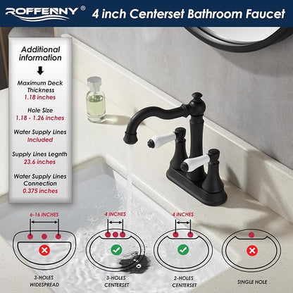 Porcelain 2-Handle Matte Black Bathroom Faucet 4 Inch Centerset | with Plastic Pop-up Drain and Two 23.6" Supply Lines, Classical 4" Bath Vanity Sink Faucets for 2/3-Hole Sinks, Brass Spout